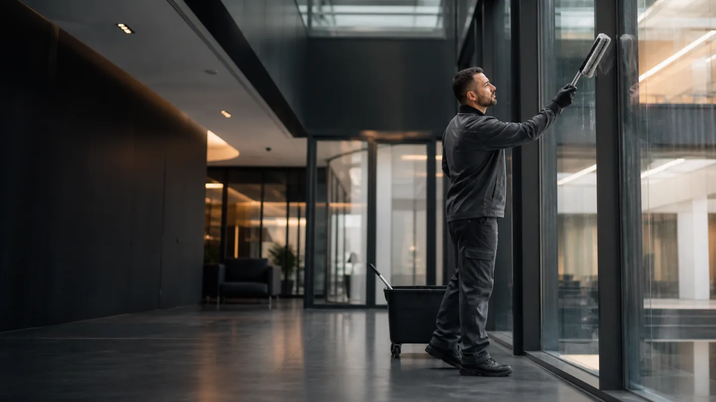 Professionelle Glasreinigung in einem modernen Bürogebäude